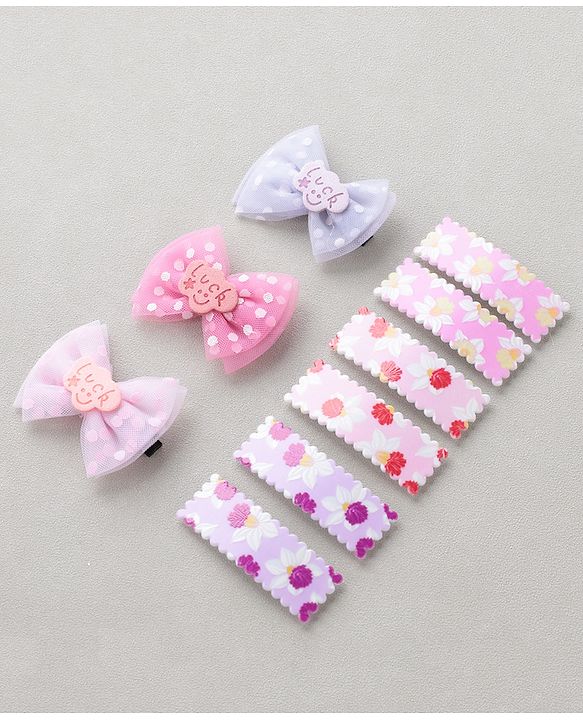 Babyhug Free Size Floral & Polka Dots Printed Hair Clips Pack of 9 - Multicolor