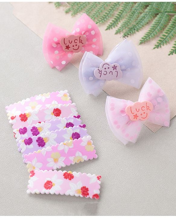 Babyhug Free Size Floral & Polka Dots Printed Hair Clips Pack of 9 - Multicolor