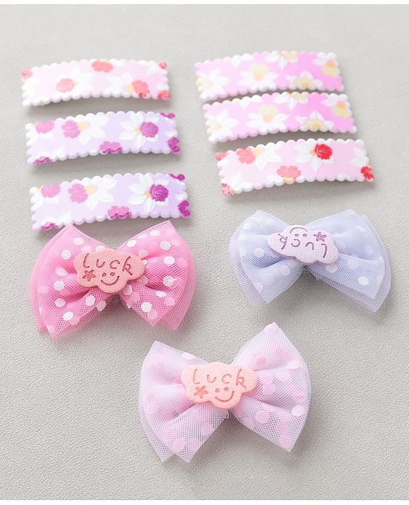 Babyhug Free Size Floral & Polka Dots Printed Hair Clips Pack of 9 - Multicolor