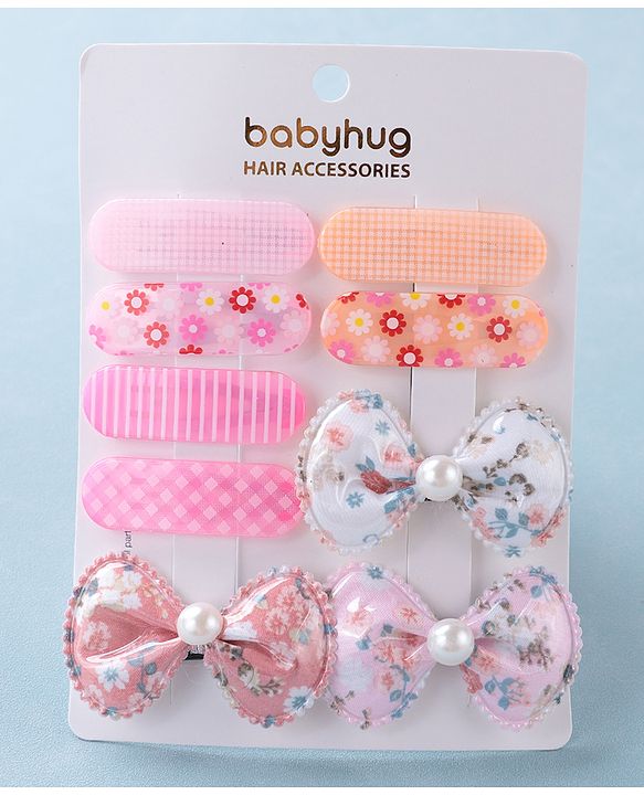 Babyhug Bow Design & Floral Printed Snap Clips Pack of 9 -Multicolor