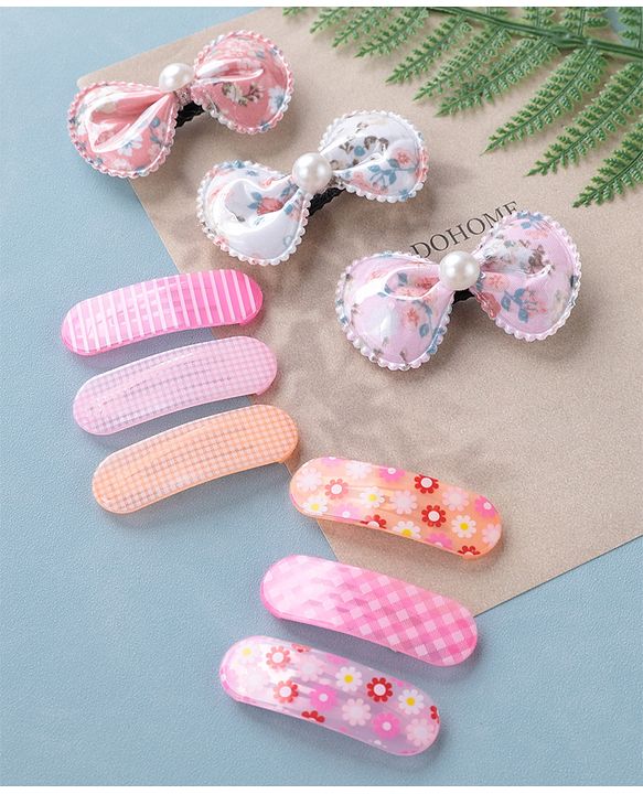 Babyhug Bow Design & Floral Printed Snap Clips Pack of 9 -Multicolor