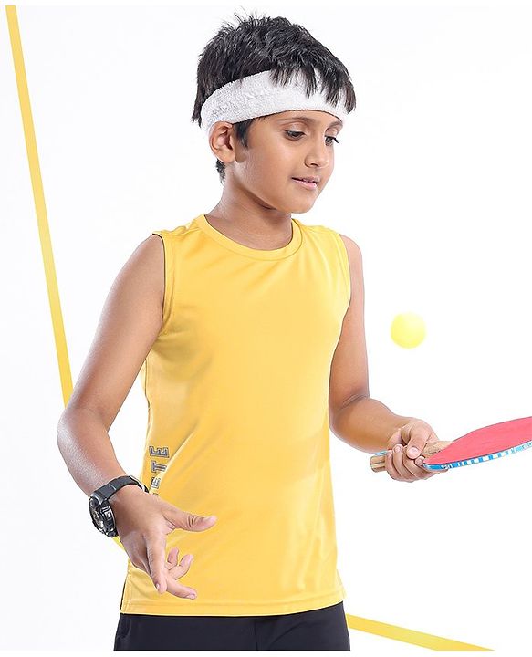 Pine Active Skin Friendly & Breathable Knit Sleeveless Text Printed T Shirt - Yellow