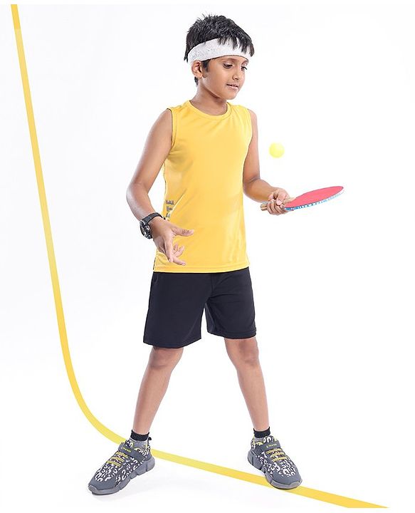 Pine Active Skin Friendly & Breathable Knit Sleeveless Text Printed T Shirt - Yellow