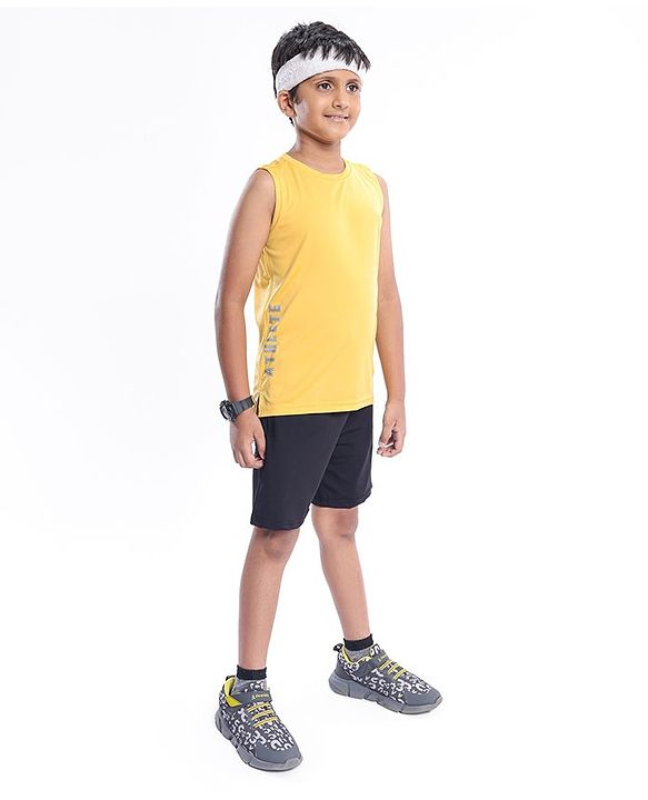 Pine Active Skin Friendly & Breathable Knit Sleeveless Text Printed T Shirt - Yellow