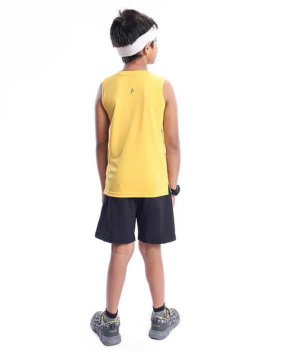 Pine Active Skin Friendly & Breathable Knit Sleeveless Text Printed T Shirt - Yellow