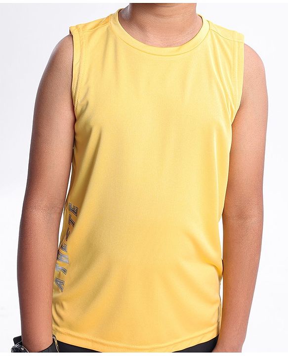 Pine Active Skin Friendly & Breathable Knit Sleeveless Text Printed T Shirt - Yellow
