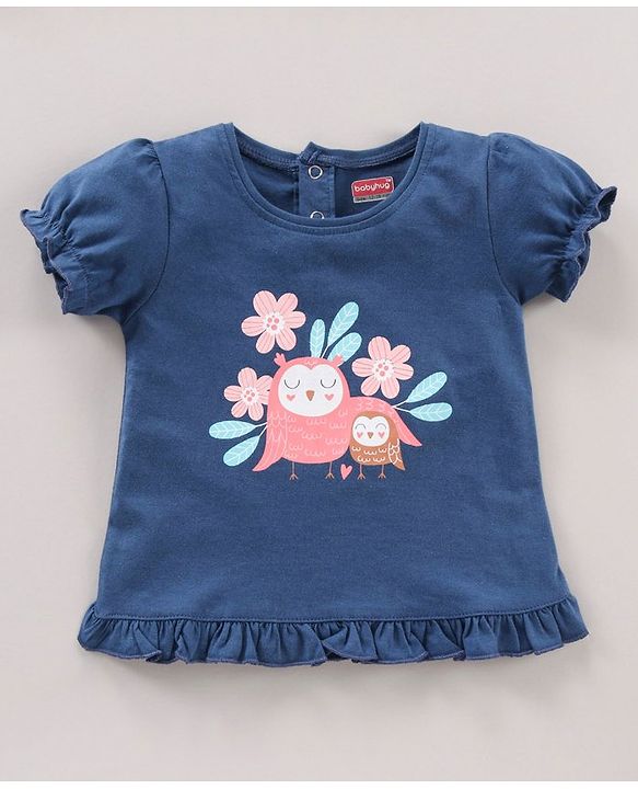 Babyhug Cotton Knit Short Sleeves Night Suit Owl Print - Navy