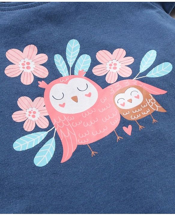 Babyhug Cotton Knit Short Sleeves Night Suit Owl Print - Navy