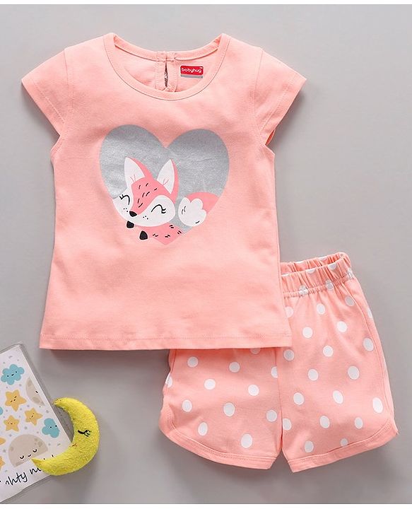 Babyhug Half Sleeves Night Suit Animal Print - Peach