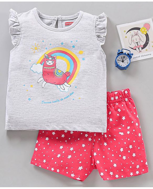 Babyhug Frill Sleeves Night Suit Multiprint - Grey Pink