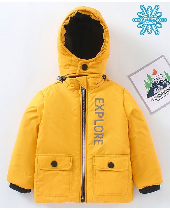 Babyhug Full Sleeves Hooded Fashion Heavy Winter Jacket Text Print - Yellow