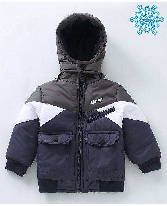 Babyhug Woven Full Sleeves Padded Jacket with Hood Colour Block - Blue