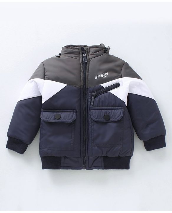 Babyhug Woven Full Sleeves Padded Jacket with Hood Colour Block - Blue