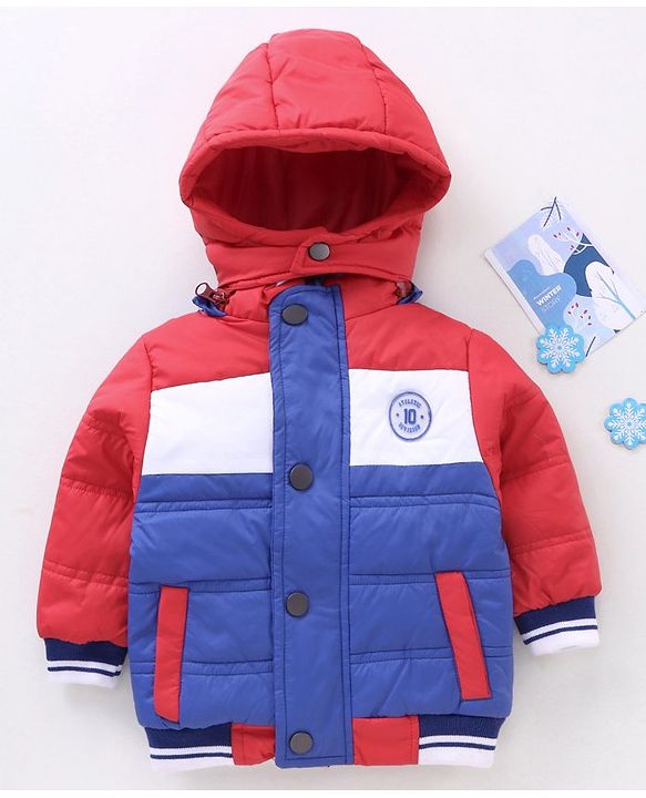 Babyhug Full Sleeves Color Block Hooded Padded Jacket - Blue Red