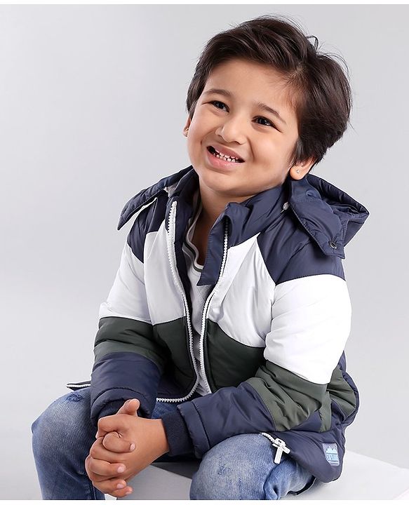 Babyhug Full Sleeves Hooded Fashion Heavy Winter Color Blocked Jacket - Blue