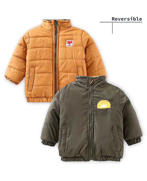 Babyhug Full Sleeves Heavy Winter Solid Reversible Jacket Text Patch - Olive Green Mustard Yellow