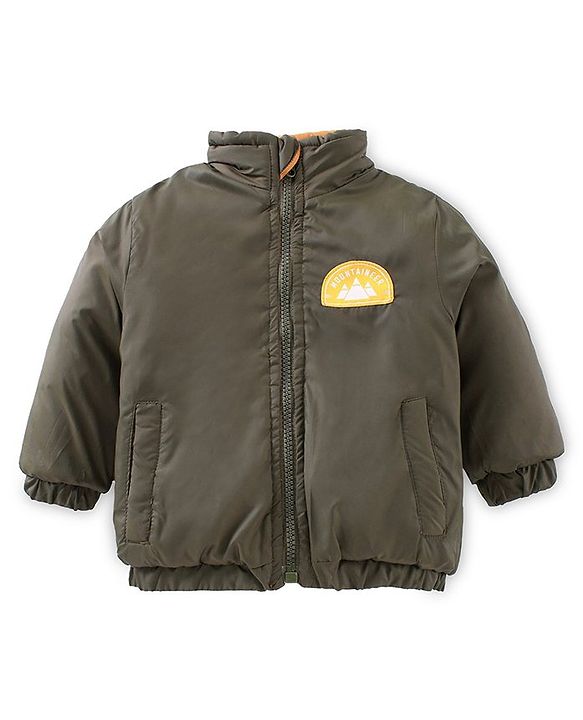 Babyhug Full Sleeves Heavy Winter Solid Reversible Jacket Text Patch - Olive Green Mustard Yellow