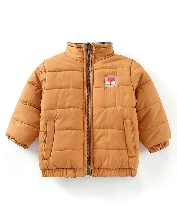 Babyhug Full Sleeves Heavy Winter Solid Reversible Jacket Text Patch - Olive Green Mustard Yellow
