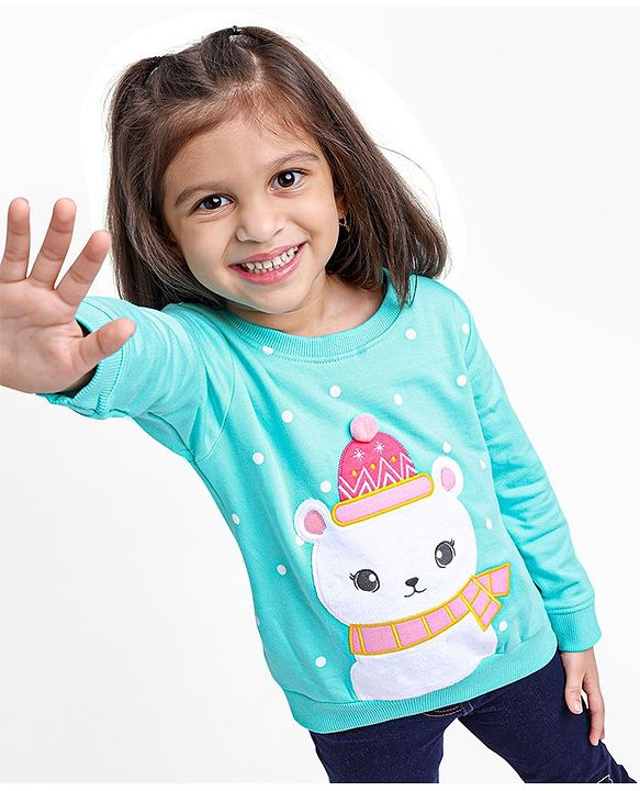Babyhug Full Sleeves Cotton Knit Sweatshirt With Applique & Pom-Pom Detailing - Aqua Blue