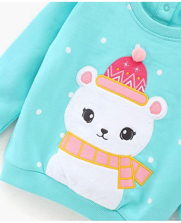 Babyhug Full Sleeves Cotton Knit Sweatshirt With Applique & Pom-Pom Detailing - Aqua Blue