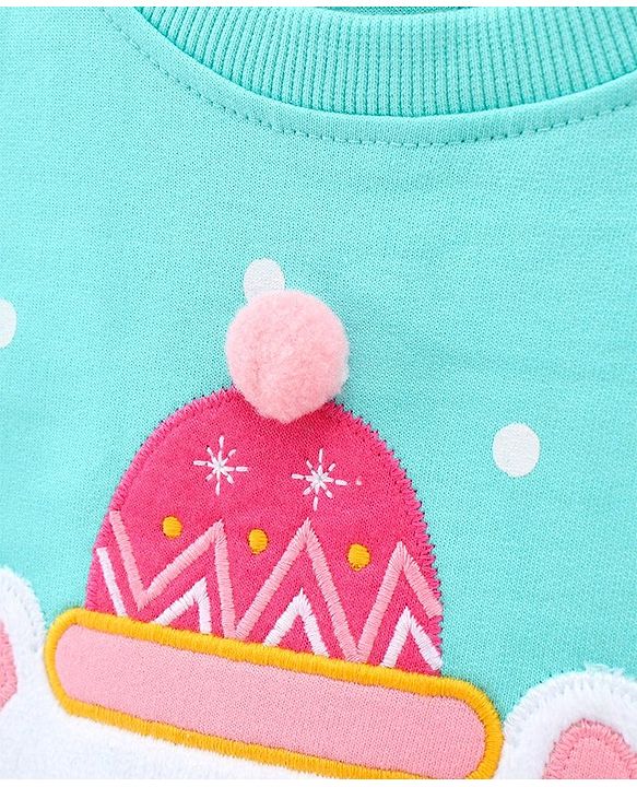 Babyhug Full Sleeves Cotton Knit Sweatshirt With Applique & Pom-Pom Detailing - Aqua Blue