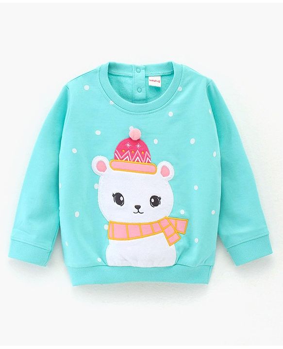 Babyhug Full Sleeves Cotton Knit Sweatshirt With Applique & Pom-Pom Detailing - Aqua Blue