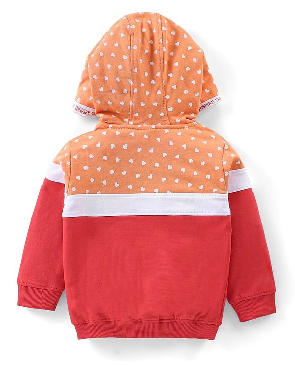 Babyhug Cotton Full Sleeves Front Open Sweat Jacket With Zipper & Hood Heart Print - Orange Red & White