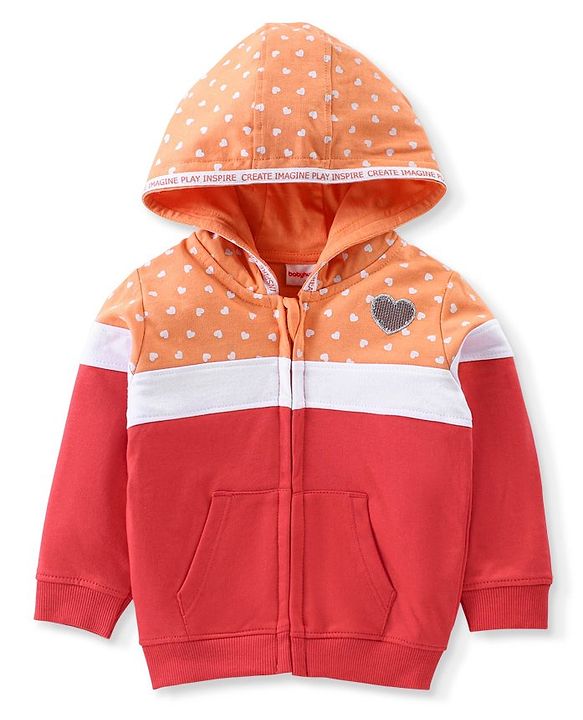 Babyhug Cotton Full Sleeves Front Open Sweat Jacket With Zipper & Hood Heart Print - Orange Red & White
