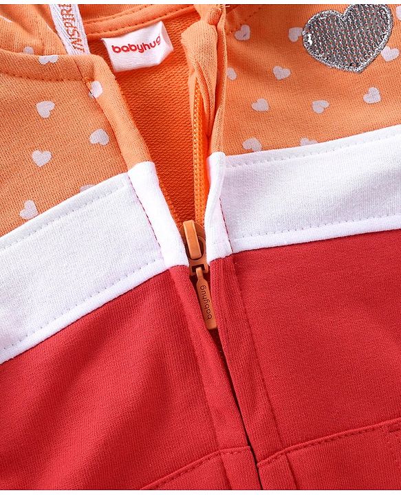 Babyhug Cotton Full Sleeves Front Open Sweat Jacket With Zipper & Hood Heart Print - Orange Red & White