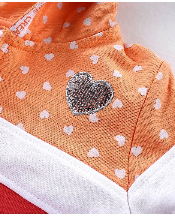 Babyhug Cotton Full Sleeves Front Open Sweat Jacket With Zipper & Hood Heart Print - Orange Red & White
