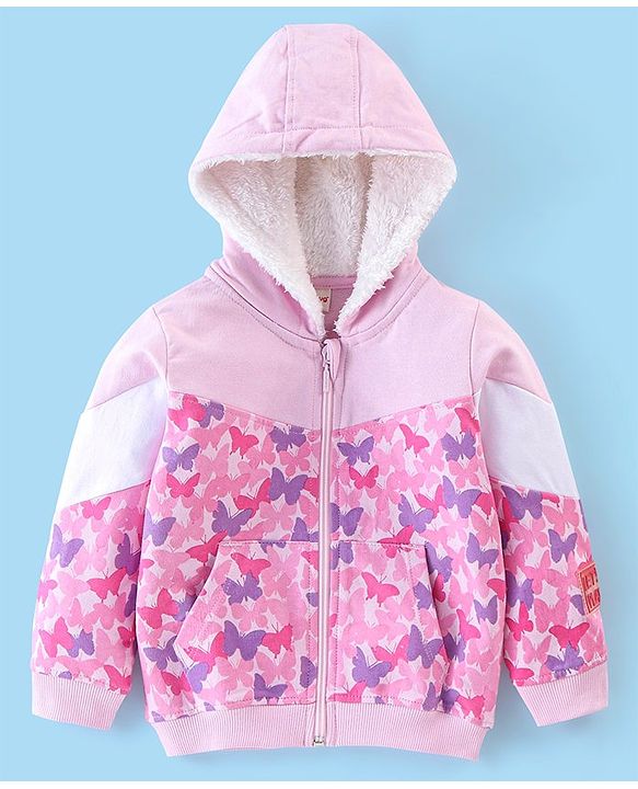 Babyhug 100% Cotton Full Sleeves Butterfly Printed SweatJacket with Hood - Pink