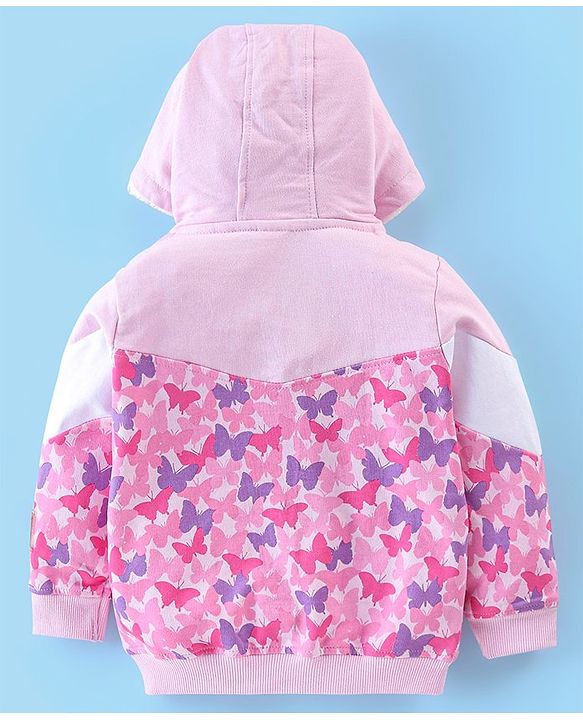 Babyhug 100% Cotton Full Sleeves Butterfly Printed SweatJacket with Hood - Pink