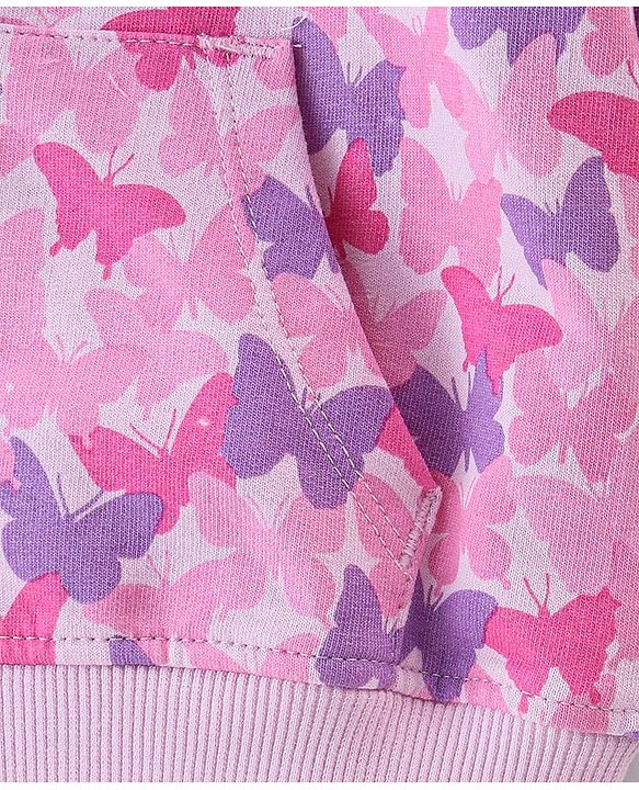 Babyhug 100% Cotton Full Sleeves Butterfly Printed SweatJacket with Hood - Pink