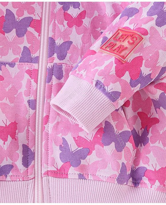 Babyhug 100% Cotton Full Sleeves Butterfly Printed SweatJacket with Hood - Pink
