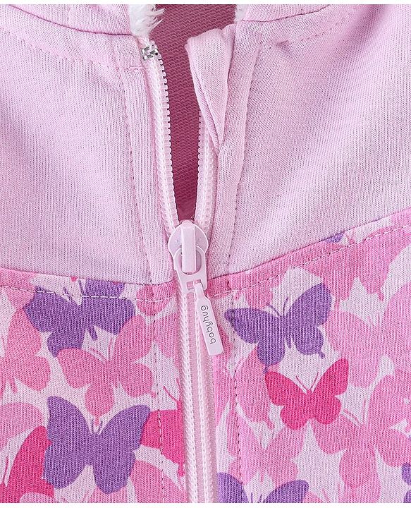 Babyhug 100% Cotton Full Sleeves Butterfly Printed SweatJacket with Hood - Pink