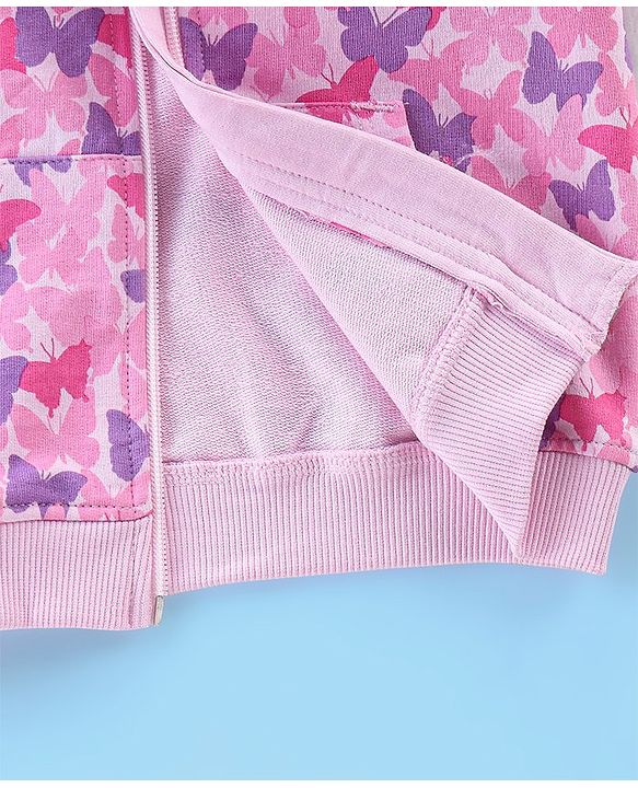 Babyhug 100% Cotton Full Sleeves Butterfly Printed SweatJacket with Hood - Pink