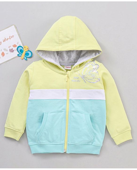 Babyhug Full Sleeves Cotton Knit Cut & Sew Hooded Sweat-Jacket with Glitter Print - Lime