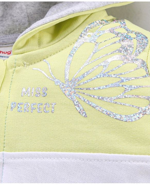 Babyhug Full Sleeves Cotton Knit Cut & Sew Hooded Sweat-Jacket with Glitter Print - Lime