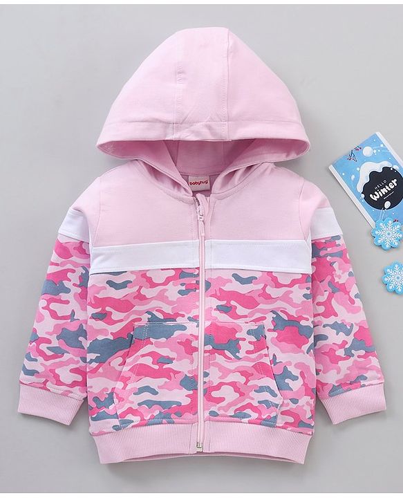 Babyhug Full Sleeves Cotton Knit Cut & Sew Hooded Sweat-Jacket with Abstract Print - Pink/White