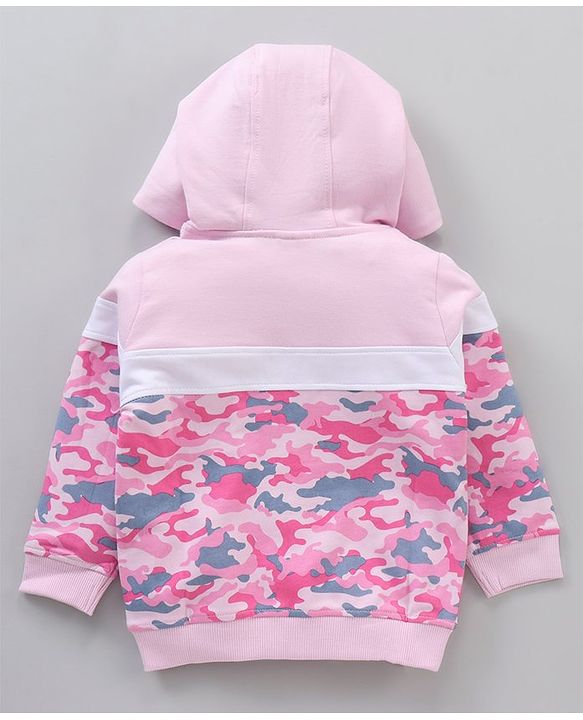 Babyhug Full Sleeves Cotton Knit Cut & Sew Hooded Sweat-Jacket with Abstract Print - Pink/White