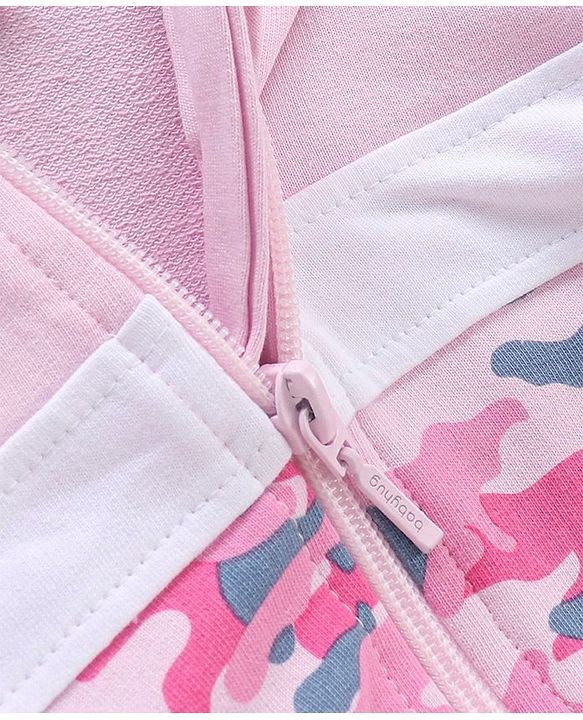 Babyhug Full Sleeves Cotton Knit Cut & Sew Hooded Sweat-Jacket with Abstract Print - Pink/White