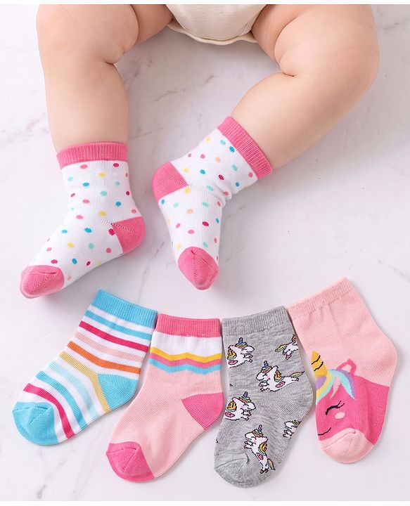 Cutewalk by Babyhug Ankle Length Anti-bacterial Cotton Knit Blend Socks Unicorn Print and Striped Pack of 5 - Multicolour