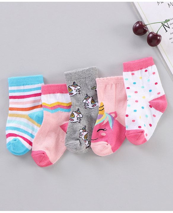 Cutewalk by Babyhug Ankle Length Anti-bacterial Cotton Knit Blend Socks Unicorn Print and Striped Pack of 5 - Multicolour