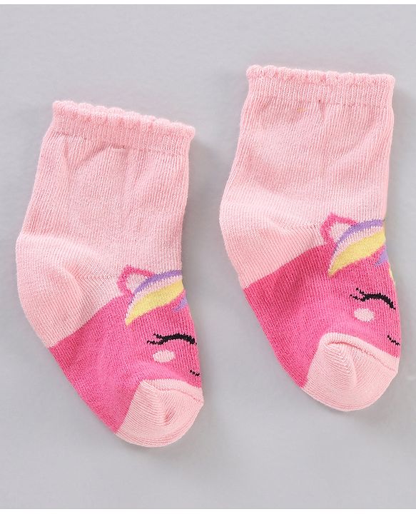 Cutewalk by Babyhug Ankle Length Anti-bacterial Cotton Knit Blend Socks Unicorn Print and Striped Pack of 5 - Multicolour