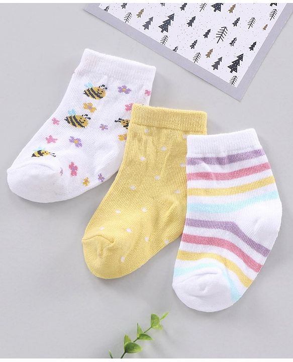Cutewalk By Babyhug Anti Bacterial Ankle Length Floral Print Socks Pack Of 3 - Yellow