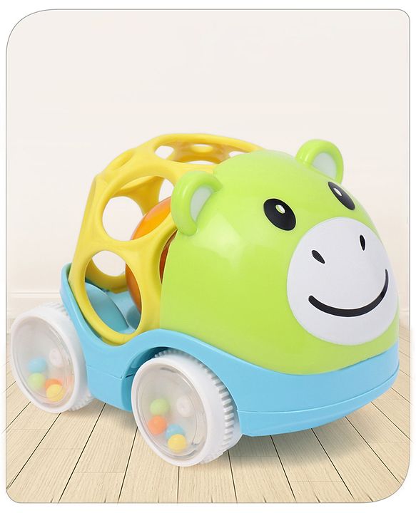 Babyhug Premium Hippo Free Wheel Car Cum Green Rattle Toy| Fun, Flexible, and Soothing Rattle Toy for Kids|Gifting Toy| Child Safe Material| Improves Motor Skills| Early Development Toys for 3+ Years| Non-Toxic| BIS Certified