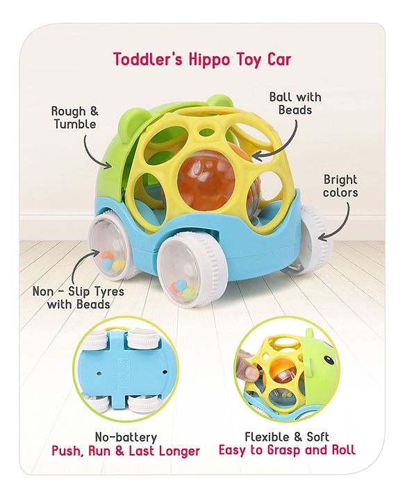 Babyhug Premium Hippo Free Wheel Car Cum Green Rattle Toy| Fun, Flexible, and Soothing Rattle Toy for Kids|Gifting Toy| Child Safe Material| Improves Motor Skills| Early Development Toys for 3+ Years| Non-Toxic| BIS Certified