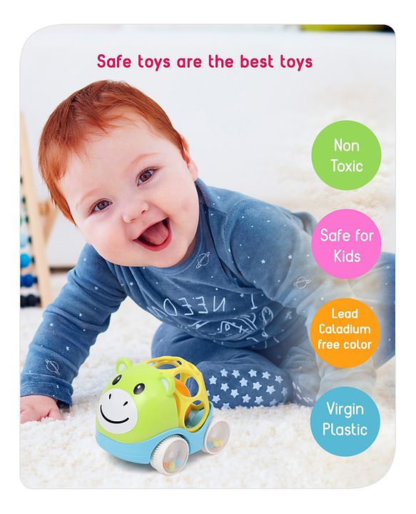 Babyhug Premium Hippo Free Wheel Car Cum Green Rattle Toy| Fun, Flexible, and Soothing Rattle Toy for Kids|Gifting Toy| Child Safe Material| Improves Motor Skills| Early Development Toys for 3+ Years| Non-Toxic| BIS Certified