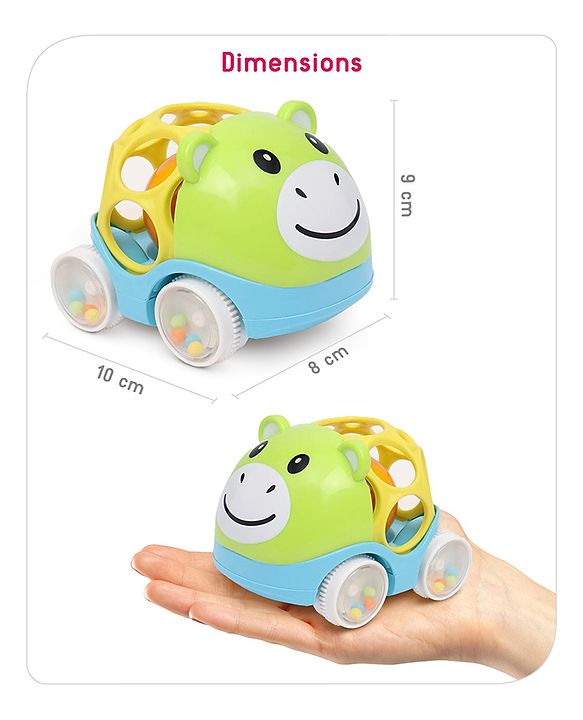 Babyhug Premium Hippo Free Wheel Car Cum Green Rattle Toy| Fun, Flexible, and Soothing Rattle Toy for Kids|Gifting Toy| Child Safe Material| Improves Motor Skills| Early Development Toys for 3+ Years| Non-Toxic| BIS Certified