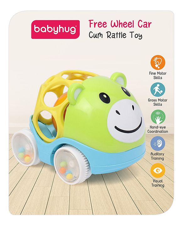 Babyhug Premium Hippo Free Wheel Car Cum Green Rattle Toy| Fun, Flexible, and Soothing Rattle Toy for Kids|Gifting Toy| Child Safe Material| Improves Motor Skills| Early Development Toys for 3+ Years| Non-Toxic| BIS Certified